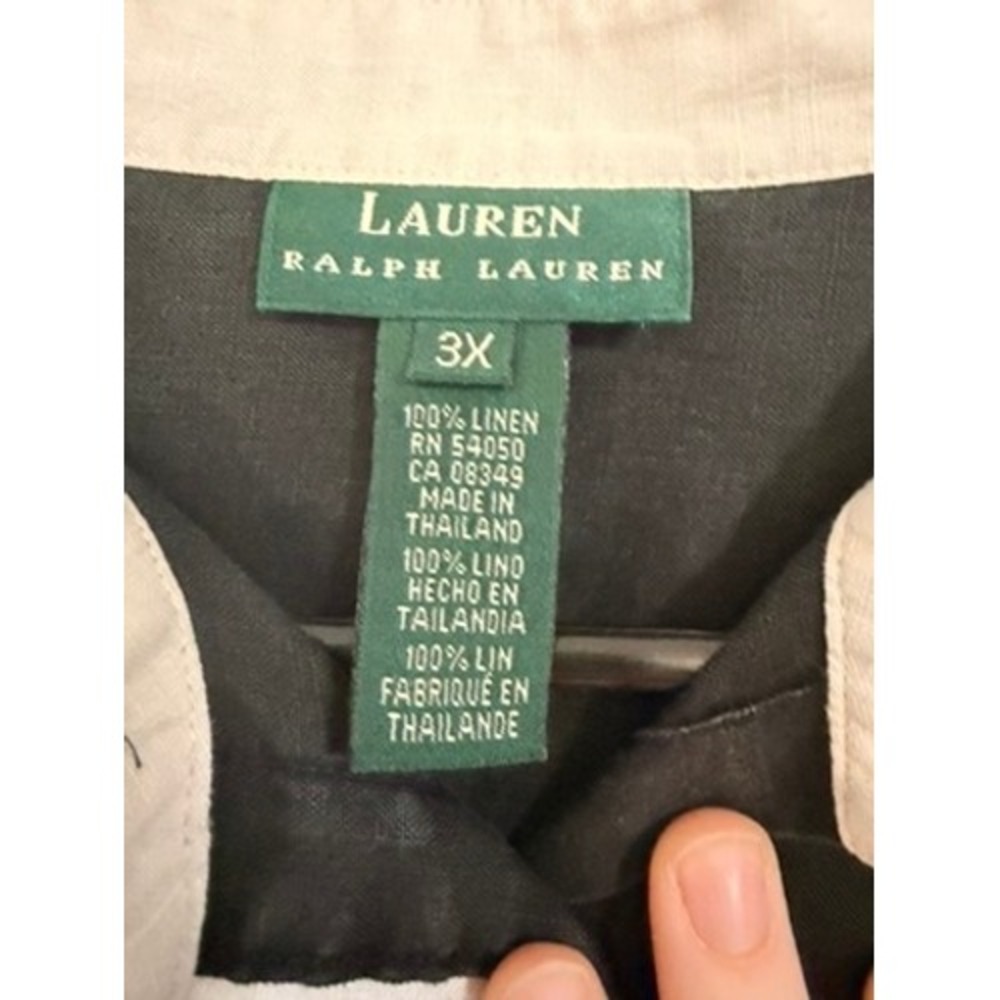 Lauren Ralph Lauren Womens 3X Black 100% Linen Piping Button Down Shirt Retro